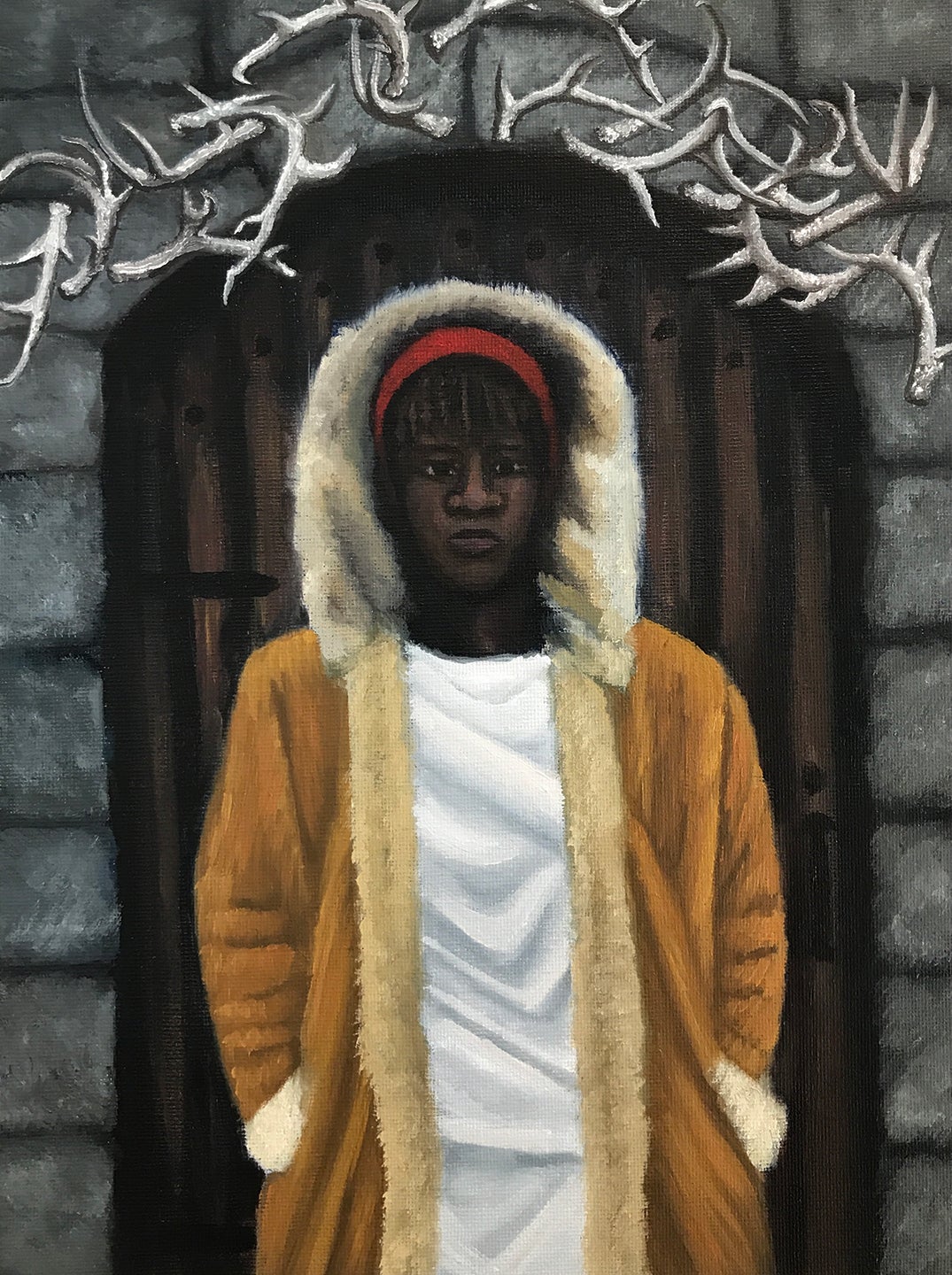 Kal Promesa as The Huntsman, 2021, 12 x 9 inches, oil on canvas panel with wooden mounts