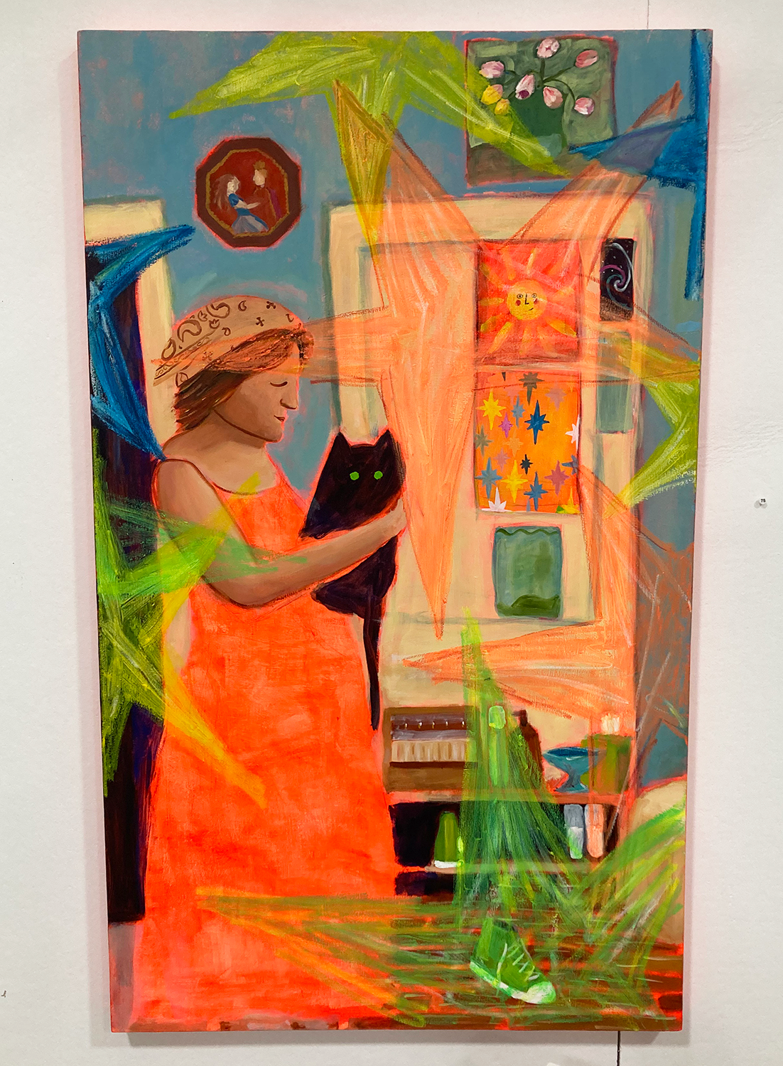 Oil and acrylic neon colored painting of a person holding a black cat