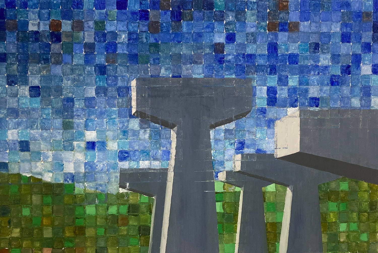 Oil painting of highway abutments