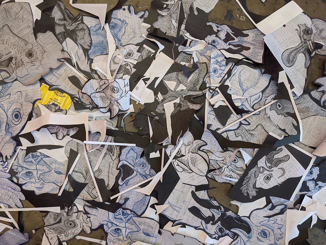 Close up of work on floor.