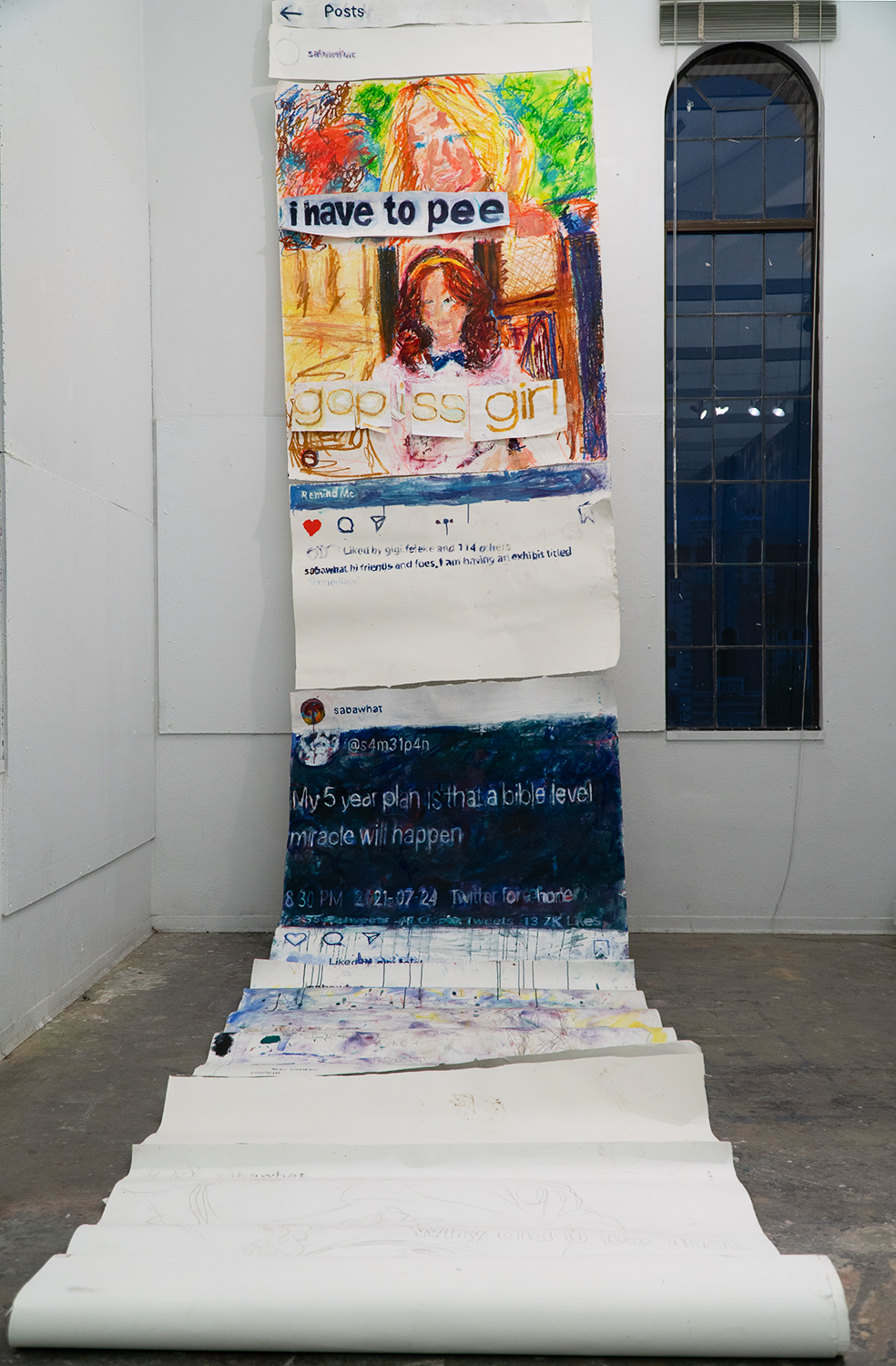 A large scroll painting that looks like a social media thread or posts