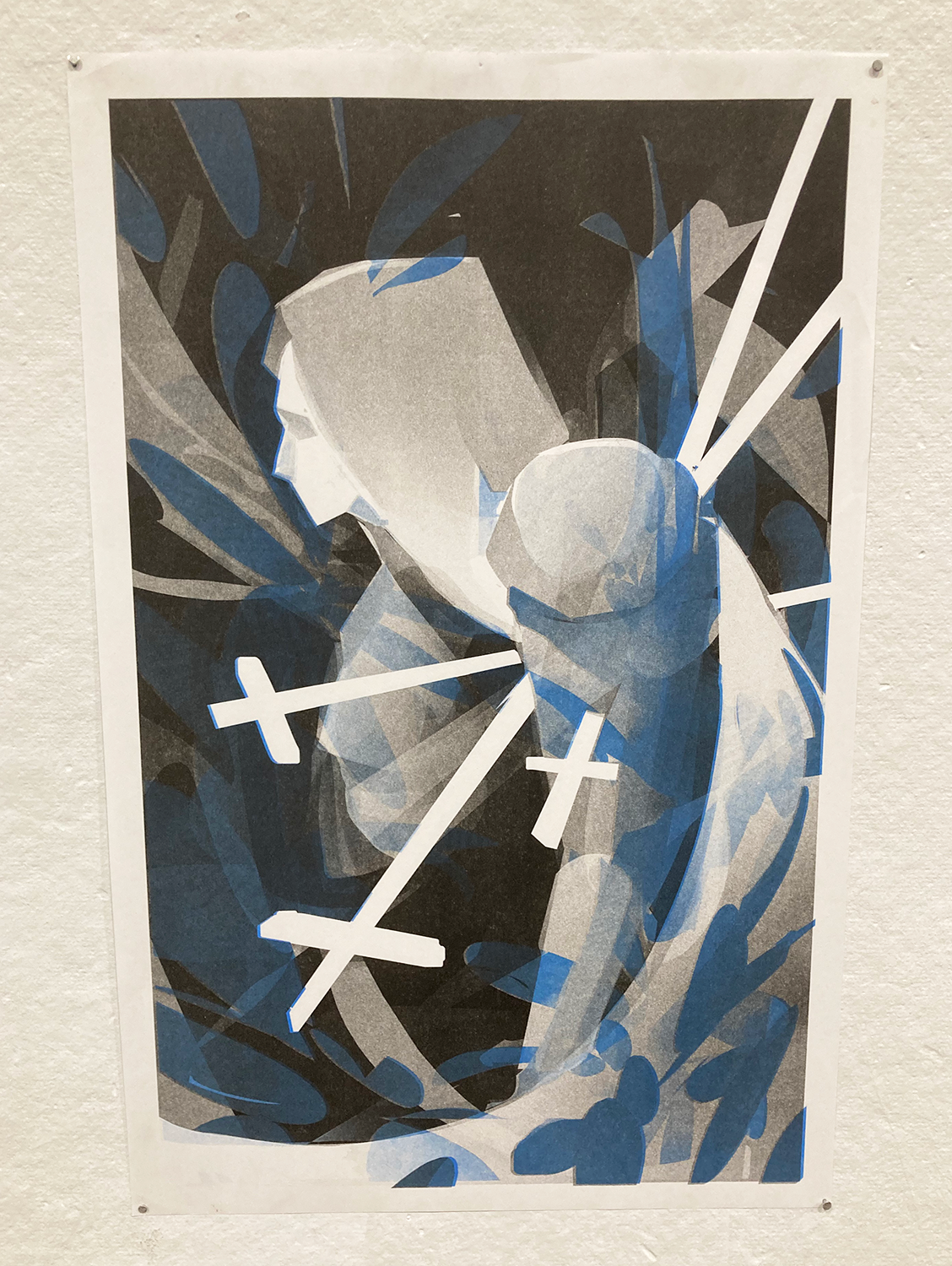 Two color risograph print, a person with swords going through the torso 