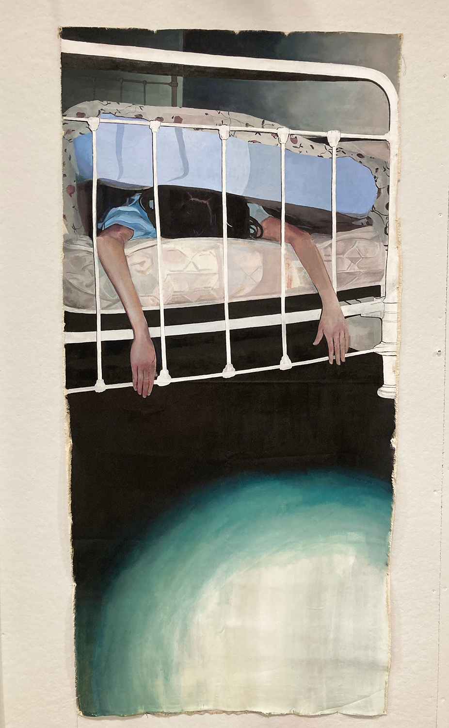 Painting with person in bed with arms hanging over, oil on canvas