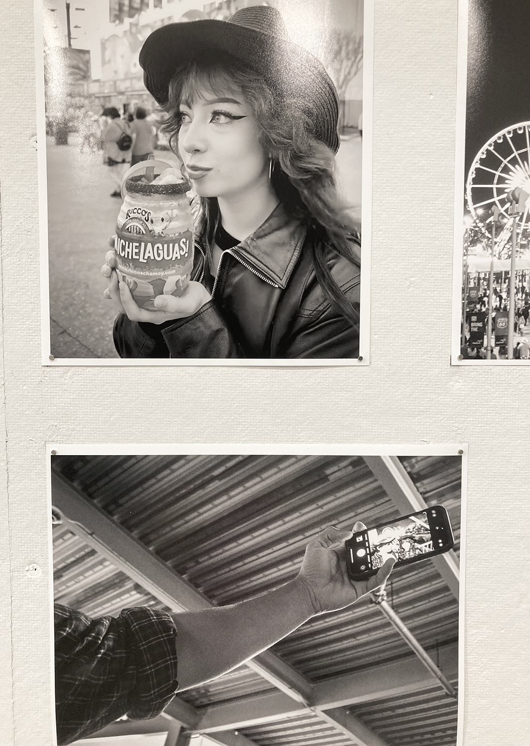 A close up of two of the black and white photographs in the group, by Elle Benitez