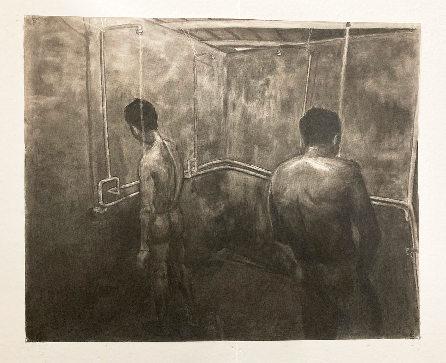 Image of two people in a shower room, charcoal on paper, piece titled 'Shower'