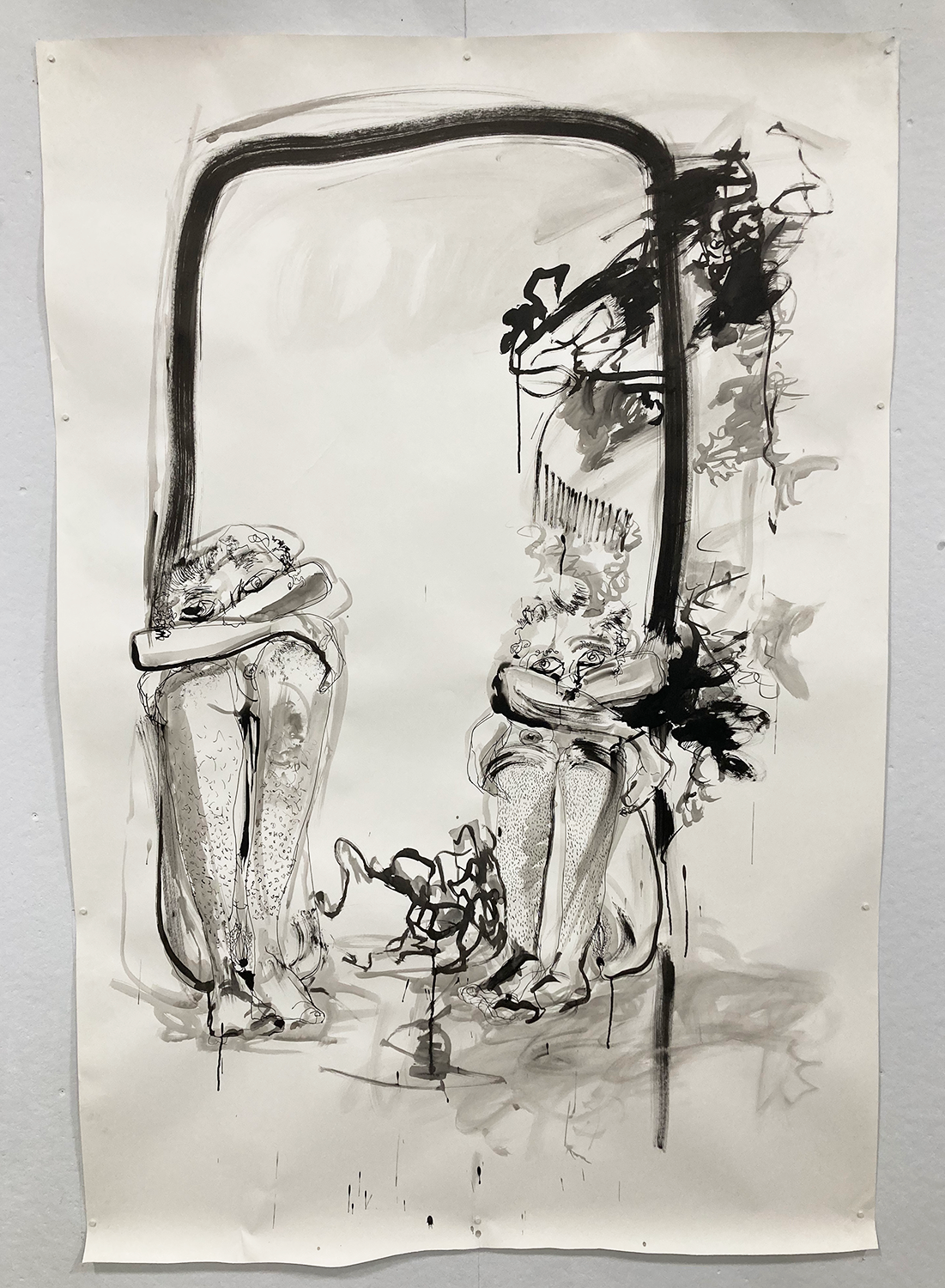 Drawing of two people seated, ink on paper, titled 'shy'