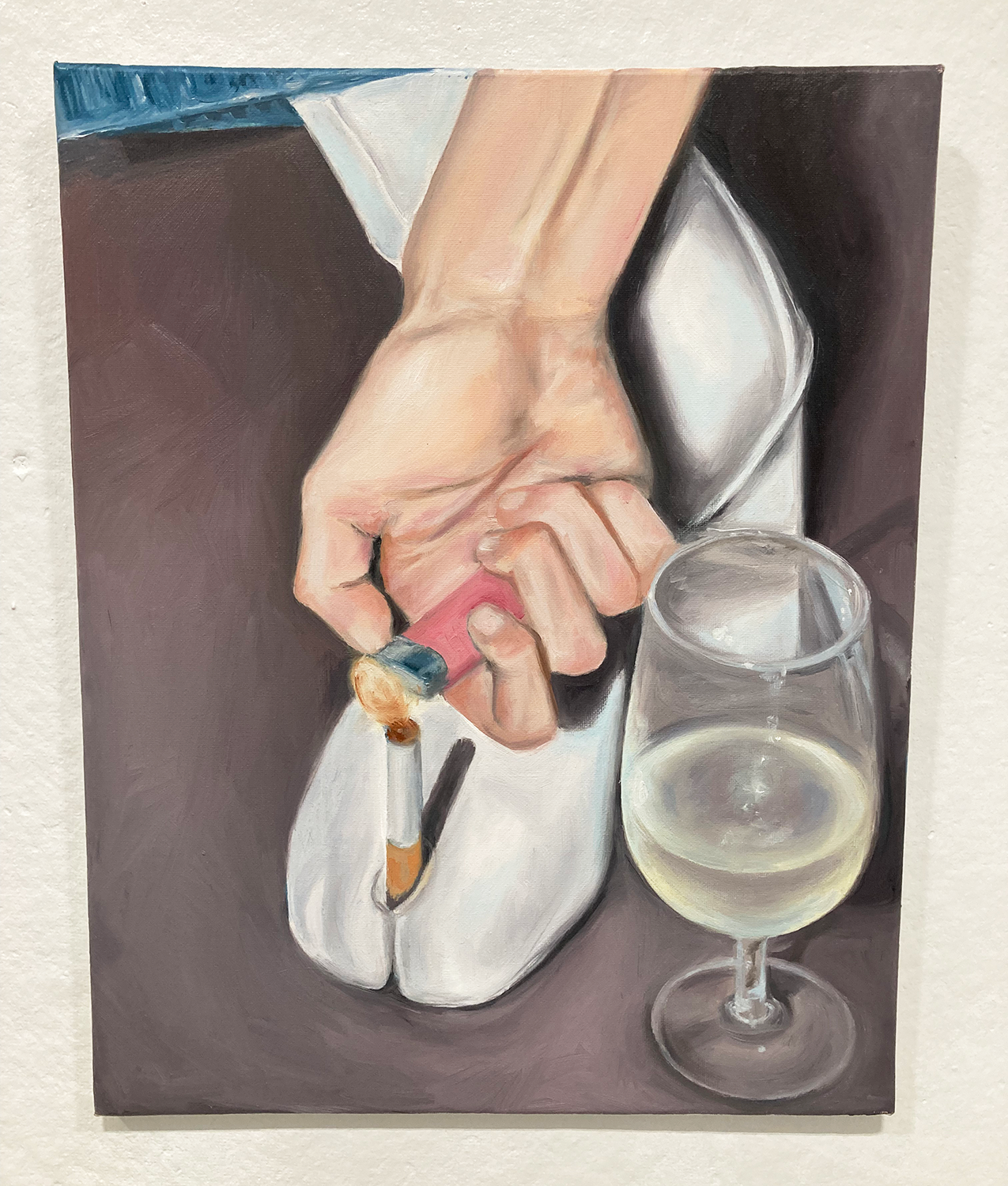 Oil painting of a cigarette being held in a Tabis shoe, being lit with a pink lighter