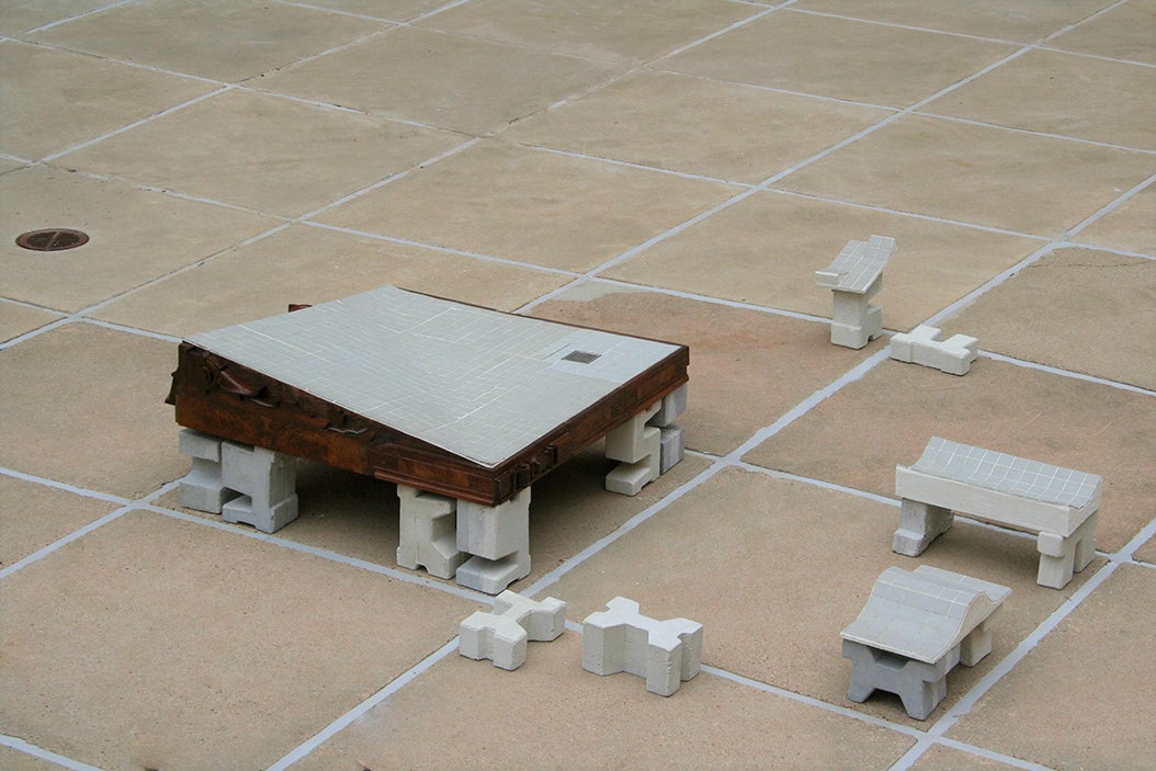 Image of sculpture - brick, wood, tile. 