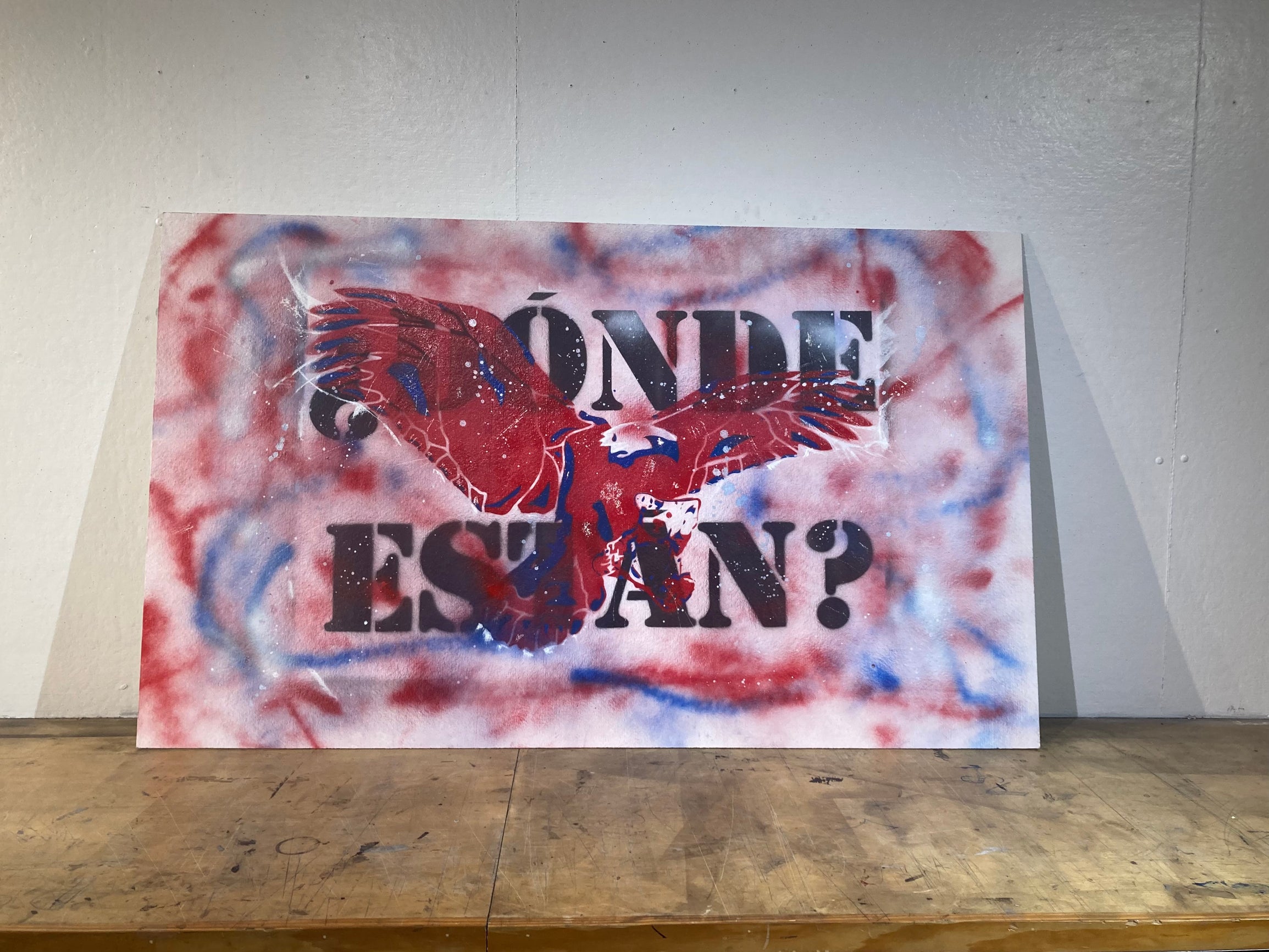 Donde Estan?, 2023 spraypaint on plywood and concrete by Nicolas Dominguez
