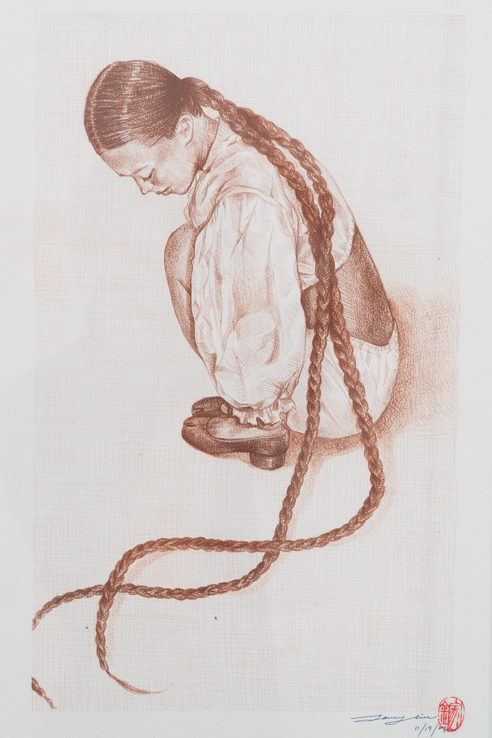 Pencil on paper sketch of women with long braids