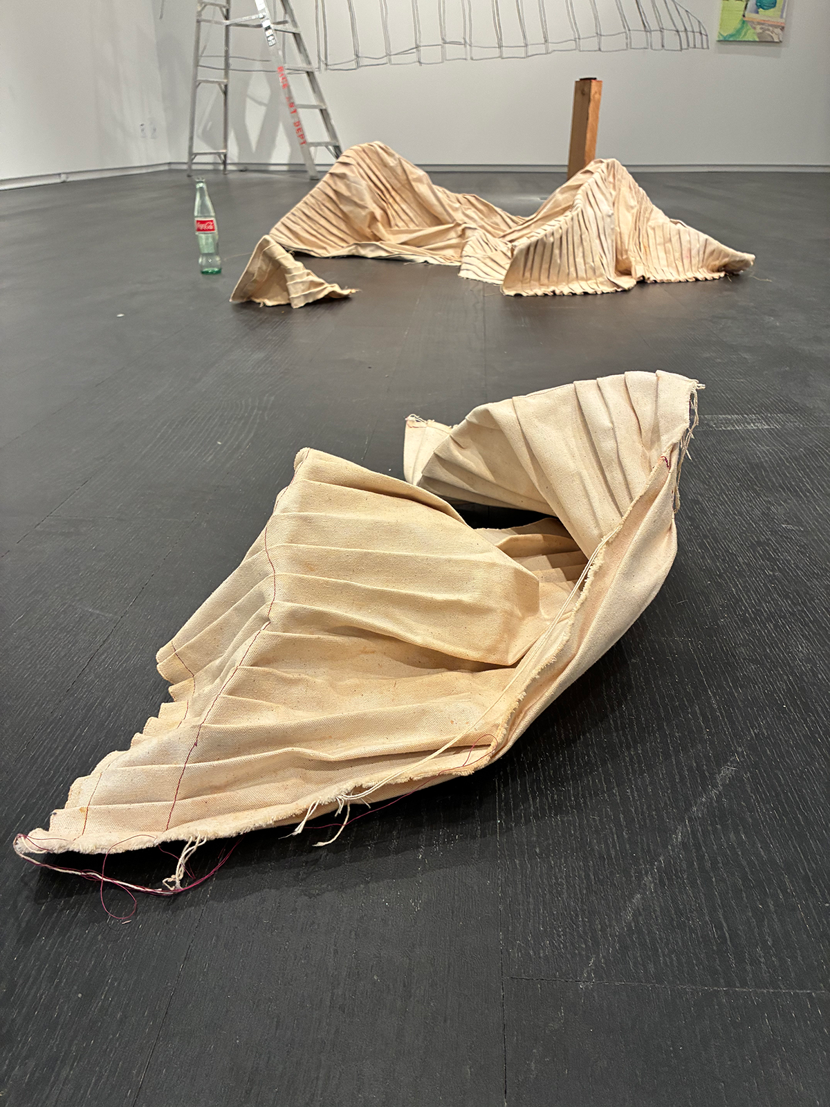 Soft sculpture of dyed, gathered, and shaped canvas, "Untitled (Mendings & loose ends)" by Madeline Ansley, also includes Mexican Coke bottles, sewing thread, dried papaya seeds, and "I feel the ebbs and flows within my limbs", raw canvas, thread, acrylic paint, acrylic retarder, silver leaf