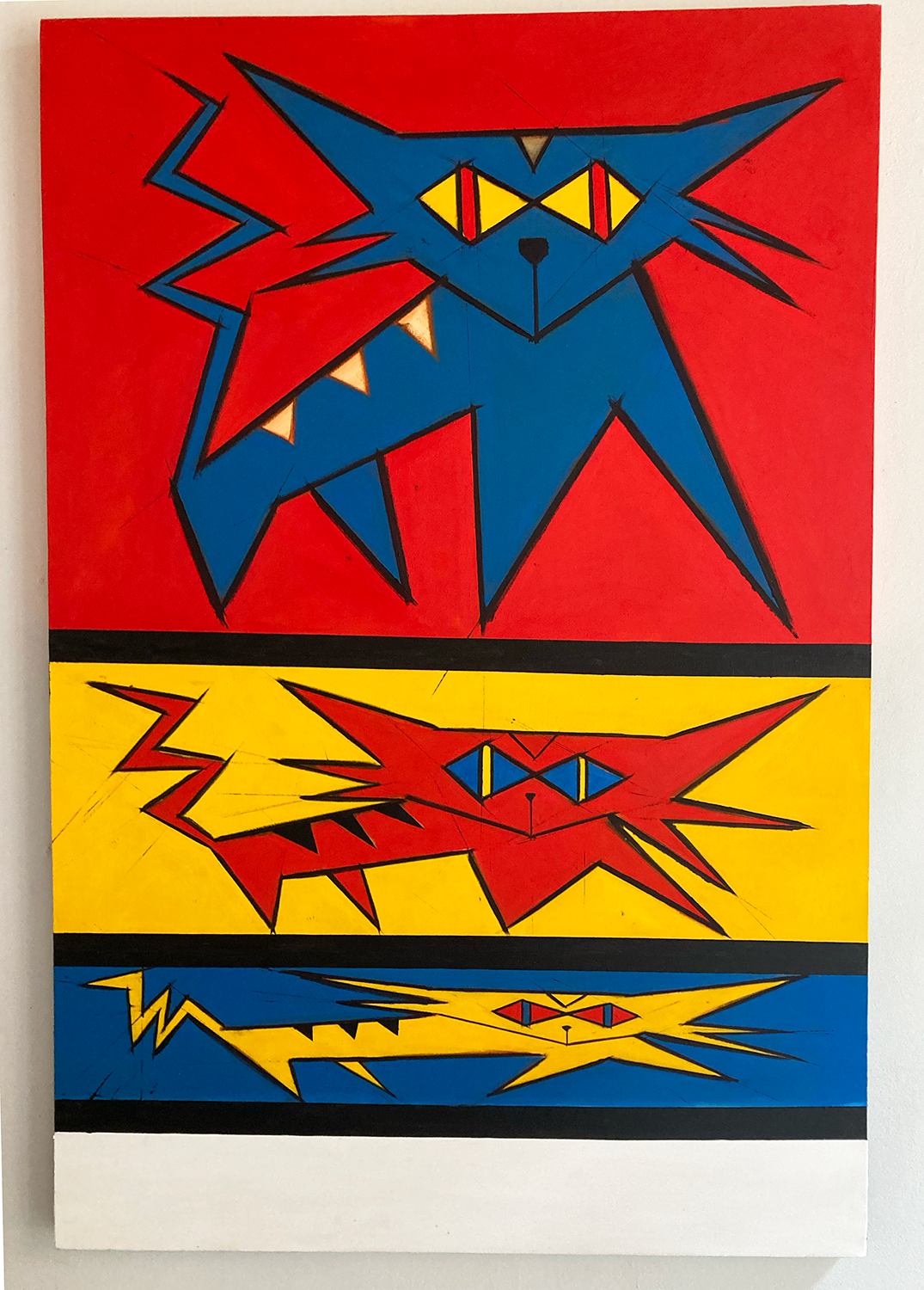 Primary colors, oil on cavas of three cats