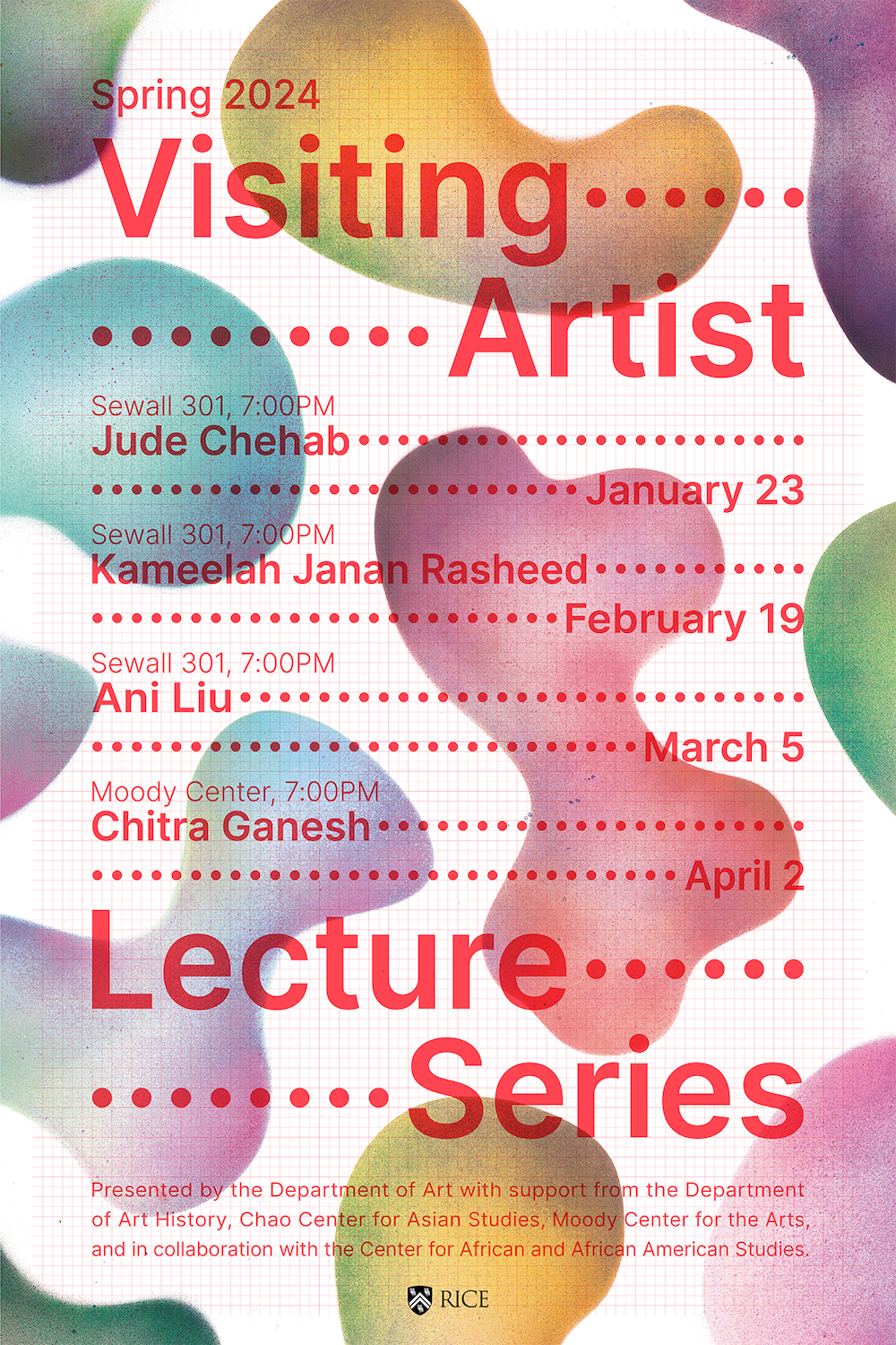 spring 2024 visiting artist lecture series promotional poster; listing artist names