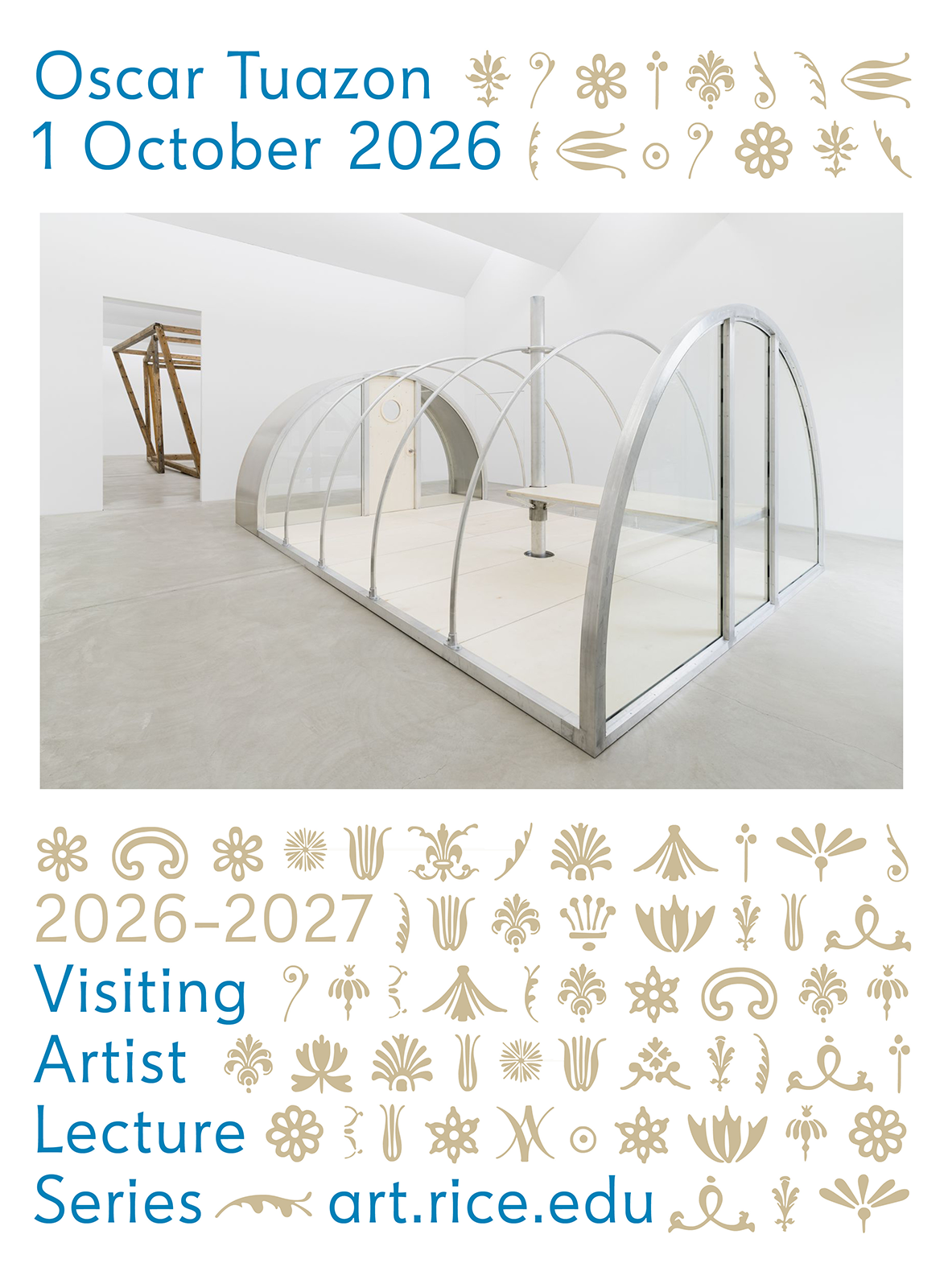 Promotional poster for the visiting artist lecture series, with guest artist Oscar Tuazon. 