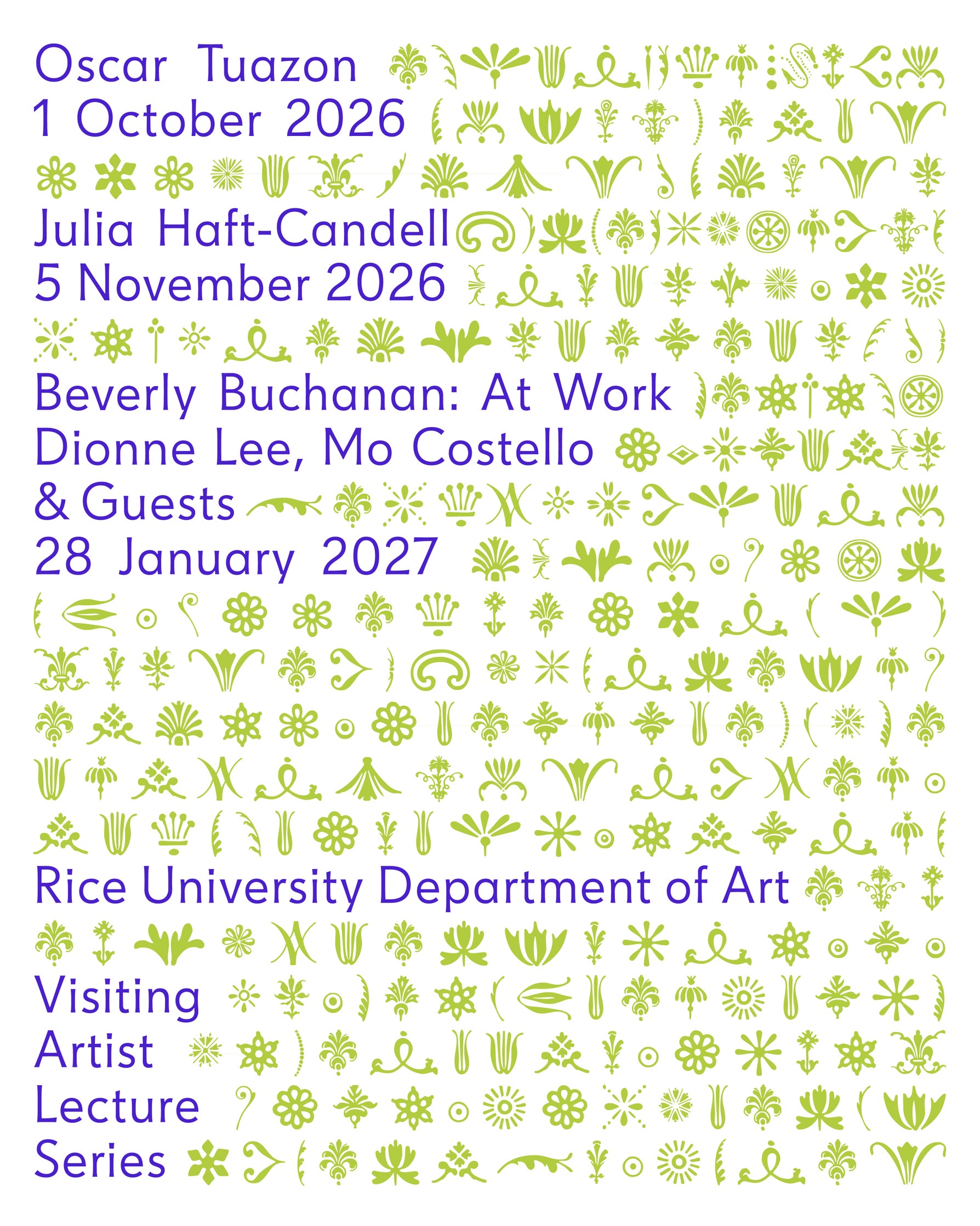Visiting Lecturer Series Poster, listing the visiting artists