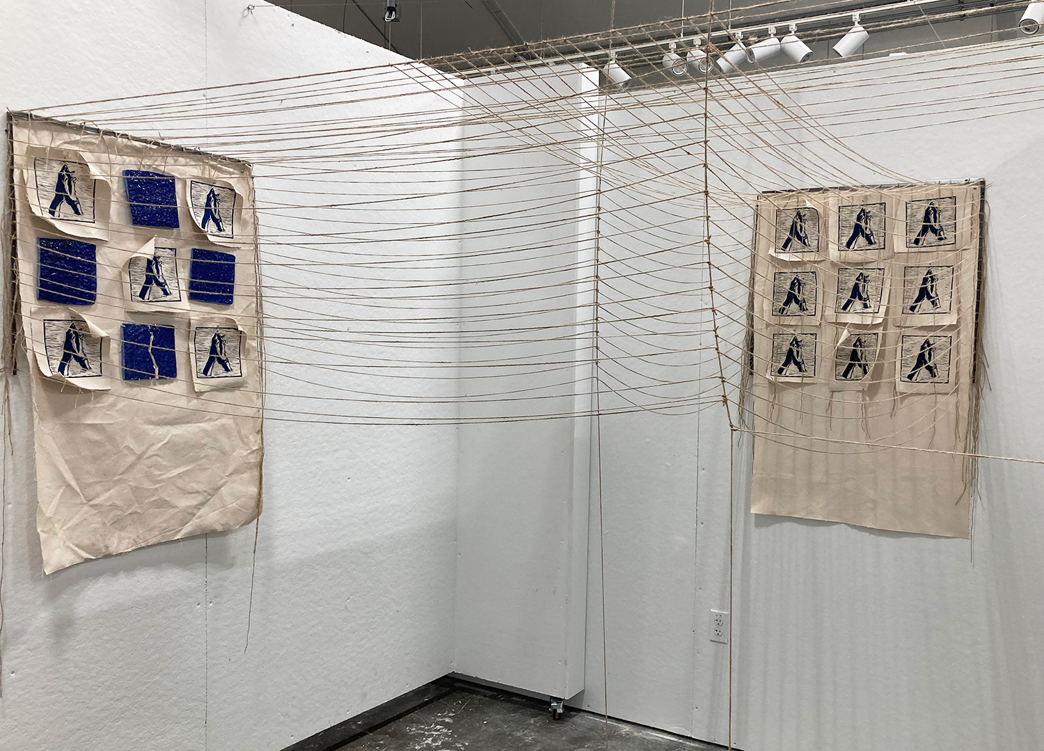 Installation of twine, ceramics, steel, canvas, ink