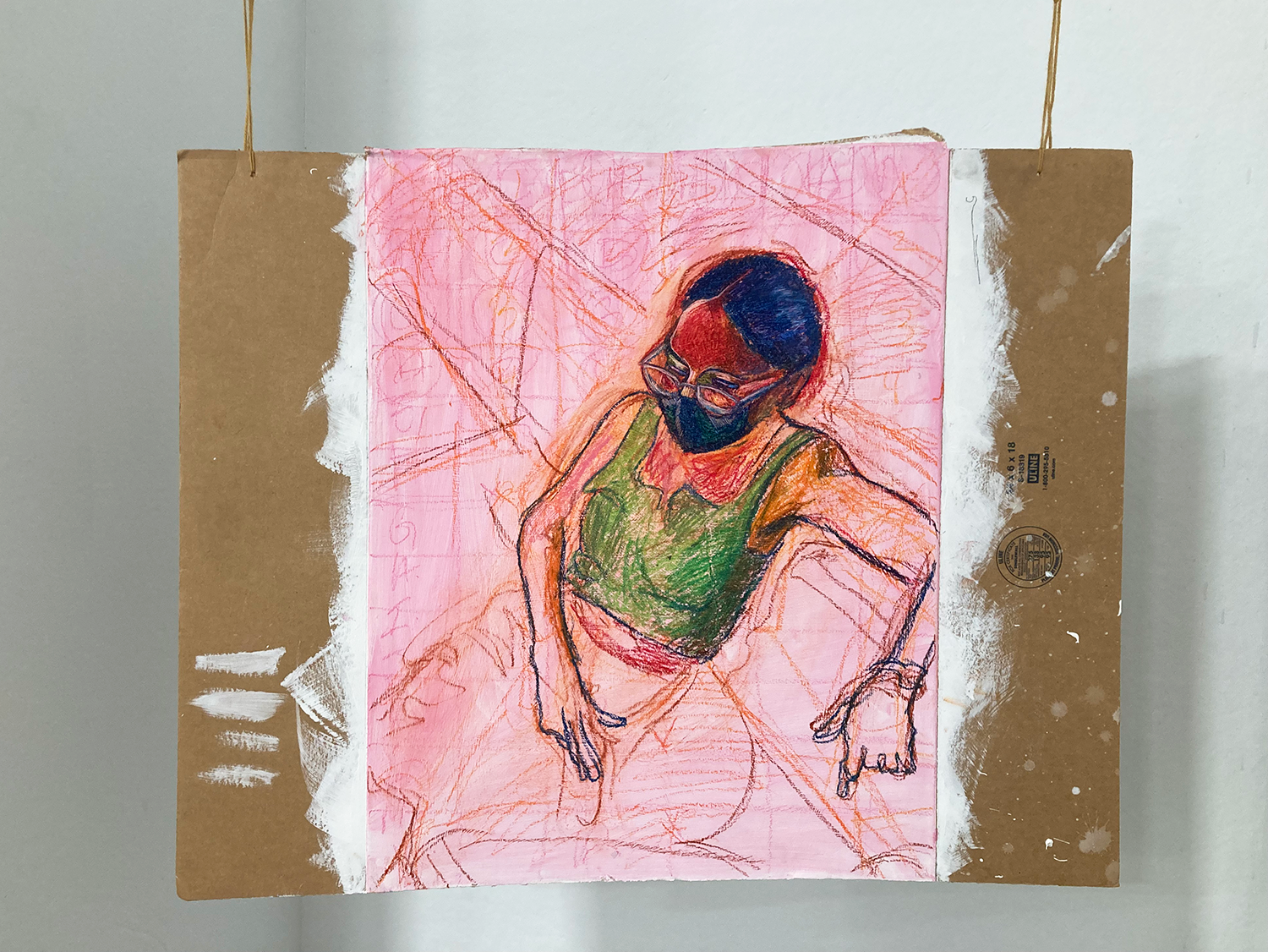 Soft pastel colors, graphite, and ink on cardboard