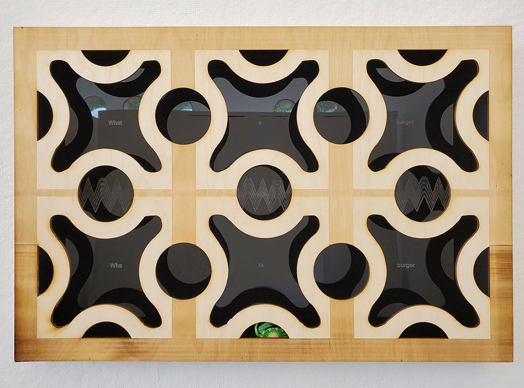 Wha ta burger, 15” x 23”, wood, acrylic, 2021