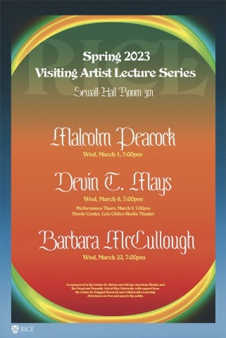 Poster promoting the three guest artists participating; Malcolm Peacock, Devin T. Mays, Barbara McCullough
