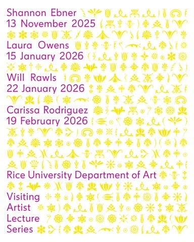 Poster promoting four guest artists for the Art Department's lecture series for academic year 2025-2026